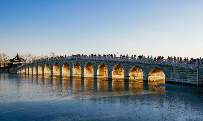 Twilight scenery through Seventeen Arch Bridge in Summer Palace